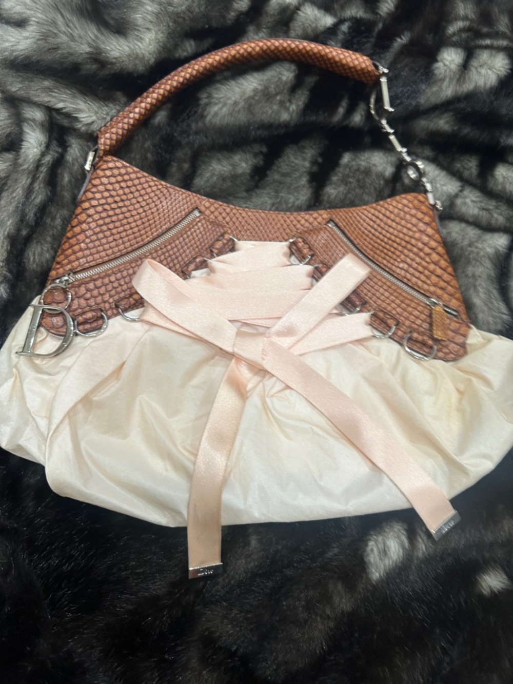 DIOR  Brown snake skin & Cream Shoulder Bag with Pink Bow and Dior hardware.